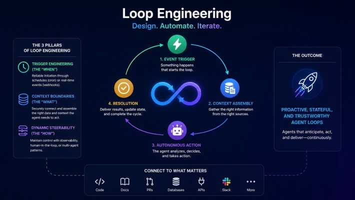 Loop Engineering diagram: event trigger, context assembly, autonomous action and resolution, with the three pillars of trigger engineering, context boundaries and dynamic steerability